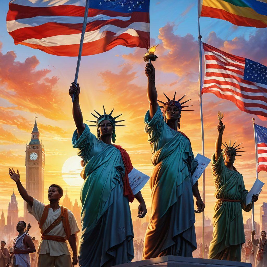 A captivating scene showcasing heroic figures from diverse backgrounds, each representing defining moments of national pride; banners waving, historical landmarks in the background, and a radiant sunrise symbolizing hope and unity. super-realistic. vibrant colors.