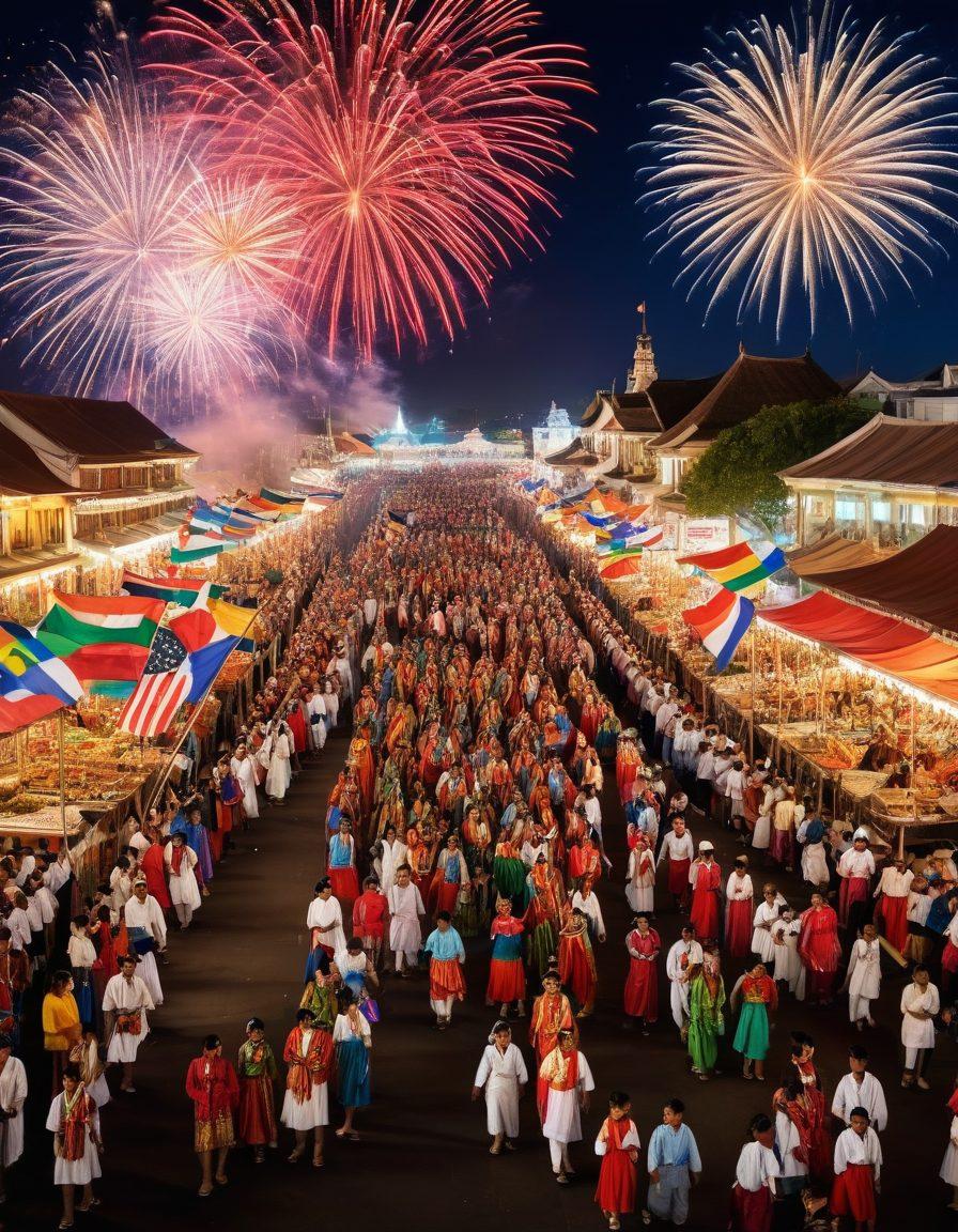 A festive parade with people waving vibrant national flags, children in traditional attire, and cultural dances. Stalls showcasing rich heritage crafts and foods. Background features iconic landmarks, fireworks illuminating the sky. painting. vibrant colors. white background.