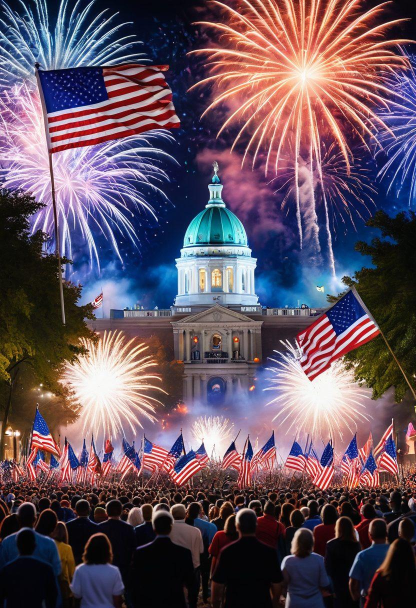 An inspiring scene of people from diverse backgrounds celebrating with flags, traditional costumes, and fireworks, symbolizing unity in patriotism. Include scenes of historical landmarks, parades, and cultural performances. vibrant colors. super-realistic. festive atmosphere.